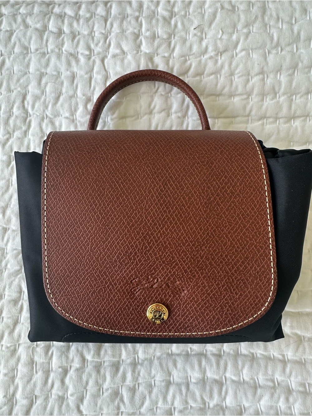 Longchamp Black Nylon Backpack with Brown Leather Flap - Picture 4 of 4